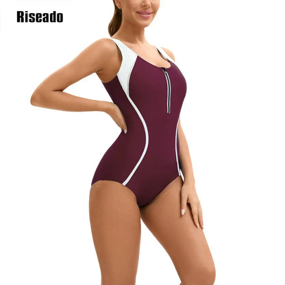 Women's One Piece Korean Swimsuit Sleeveless Conservative Bathing Suit Color Block Monokini for Girls