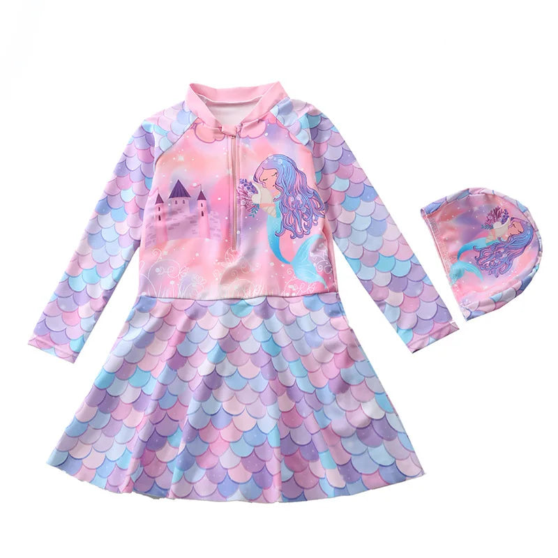 Mermaid Swimsuit for Girls Long Sleeves Children's Swimwear Front Zipper One-Piece Swimming Dresses Summer Beach Bathing Suit