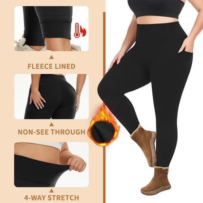 Plus Size Fleece Lined Leggings with Pockets for Women High Waist Winter Tummy Control Thermal Warm Yoga Pants