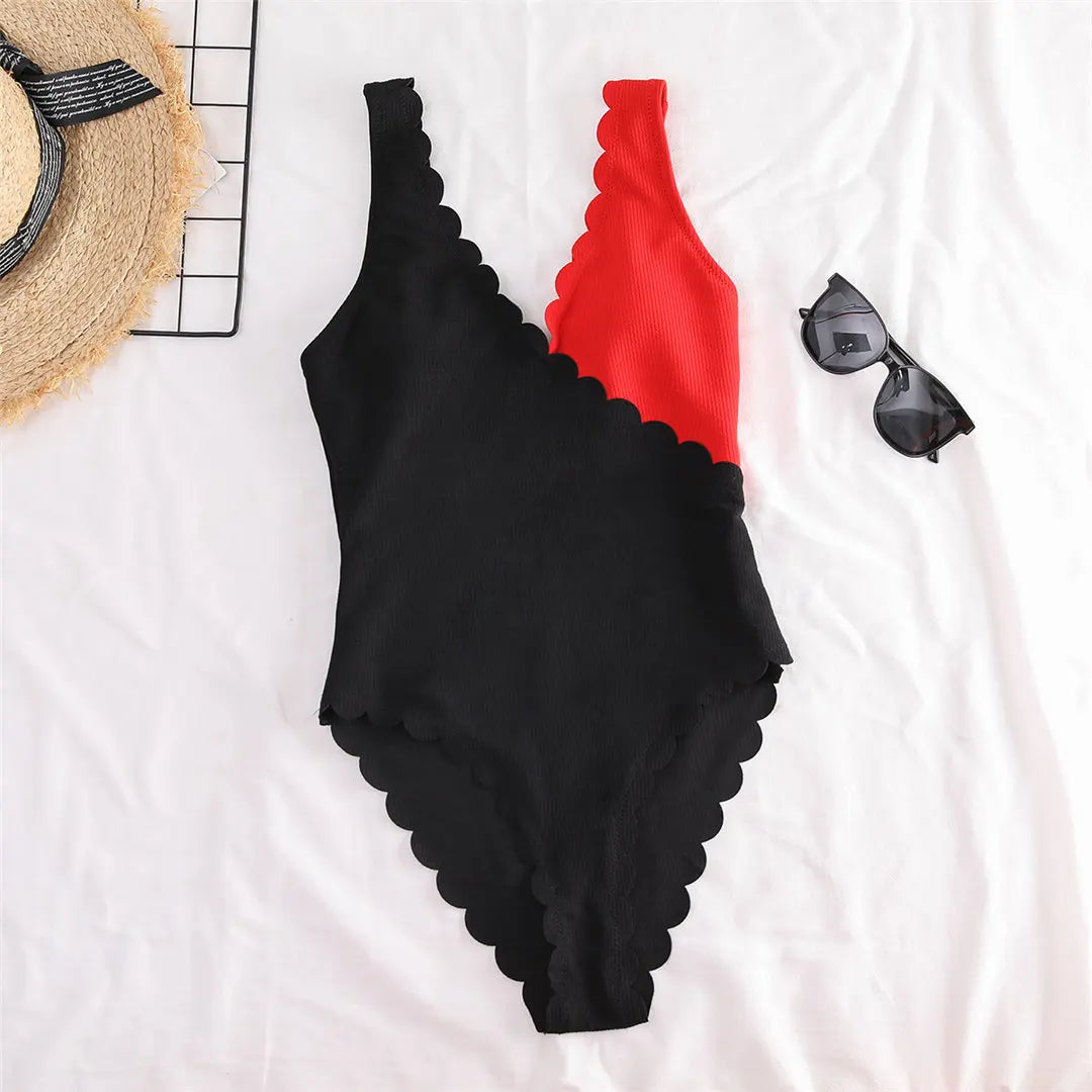 Scalloped Splicing High Cut One Piece Swimsuit Women Swimwear Female Ribbed Bather Bathing Suit Swim Lady