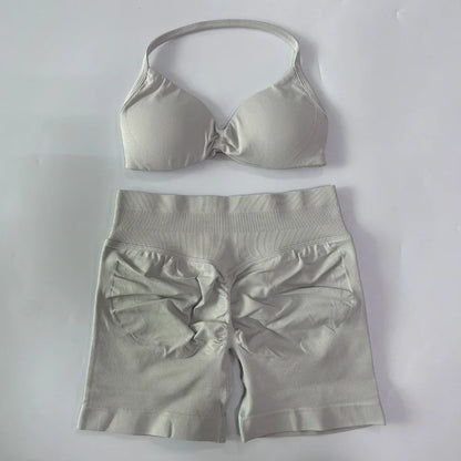 2PCS Gym Set Women Strappy Yoga Bra Top High Waist Workout Scrunch Shorts Sports Suit Seamless Yoga Set Fitness Clothes
