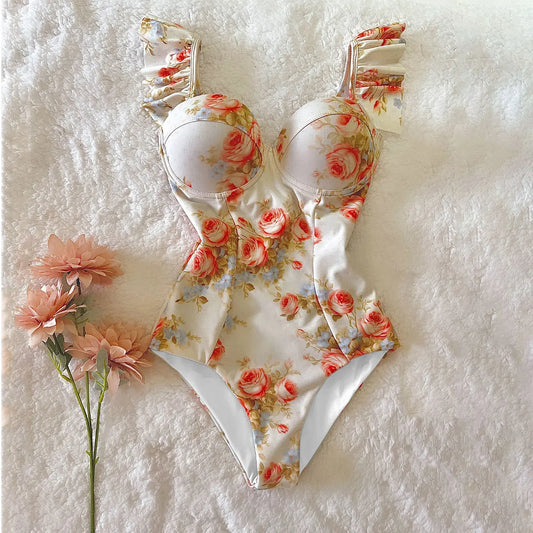 One Piece Swimsuit Female Push Up Swimwear Print Bathing Suit Summer Beachwear Hanging Neck Swimming Suit