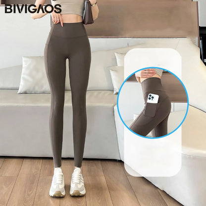 Side Pocket Sharkskin Leggings Women High Waist Tight Fitness Yoga Leggings Push Up Running Leggings
