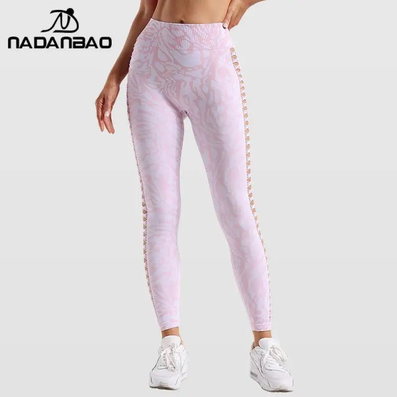 Nadanbao Women's Seamless High Waist Pants Jacquard Peach Hip Slim Leggings Stretchy Hollow Bottoms Sports Fitness Yoga Trousers