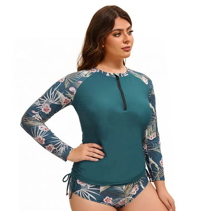 Women Plus Size Long Sleeve Swimwear Flower Printed Bathing Suit Rash Guard Built in Bra Swim Shirt  Two Piece Swimsuit XL-5XL