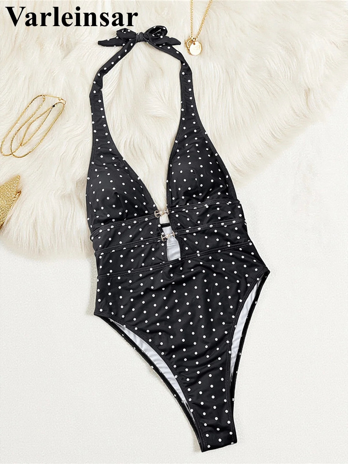 Polka Dots Halter Deep V Neck One Piece Swimsuit Women Swimwear Female Backless Monokini Padded Bather Bathing Suit Swim