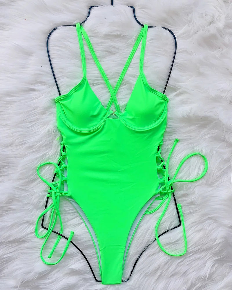 Splicing High Cut Out One Piece Swimsuit Women Tassel Swimwear Female Bathing Suit String Leopard Bikini Monokini Lady