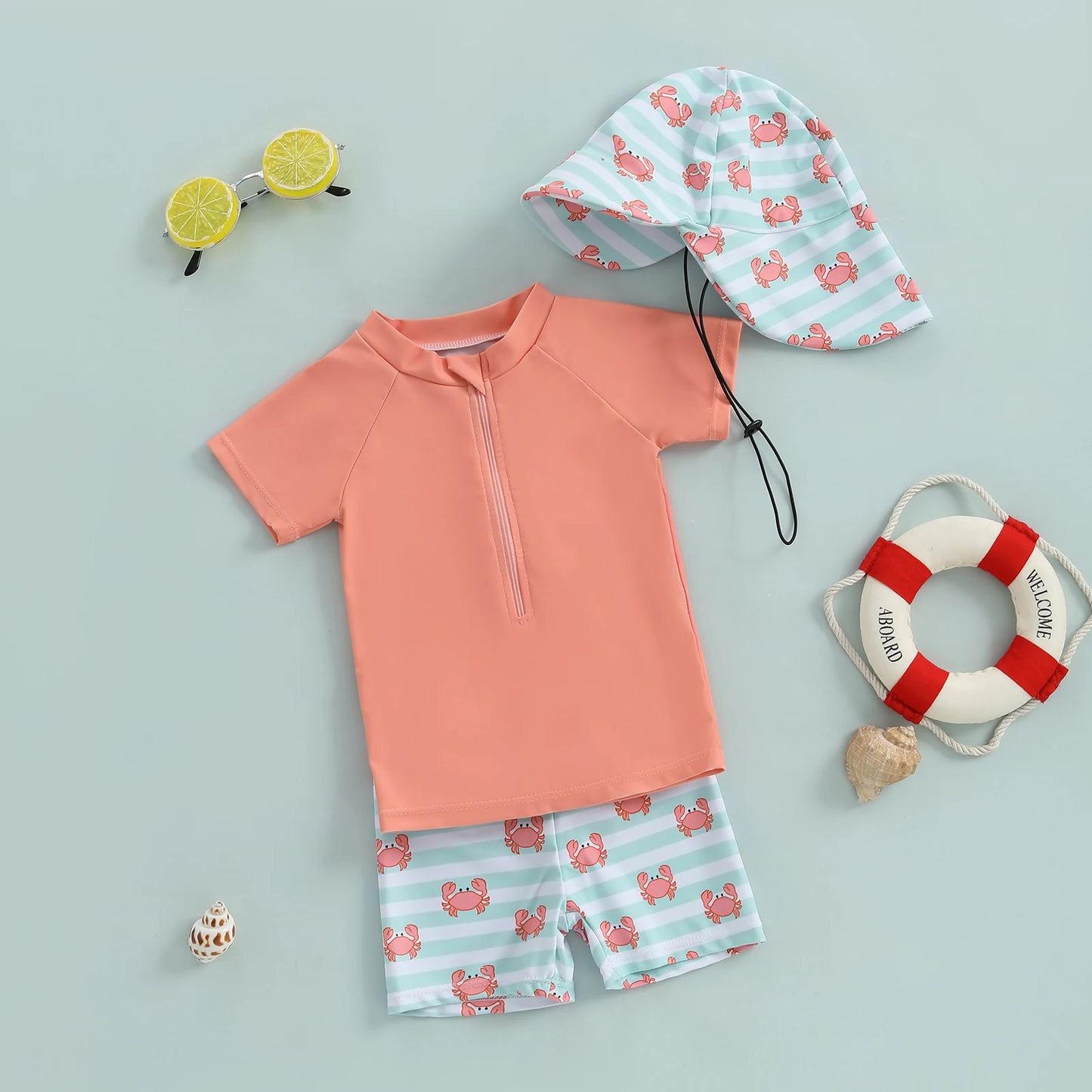 Infant Baby Boys 3 Piece Swimsuit Suit Summer Toddler Rash Guard Short Sleeve Tops Turtle Print Swim Trunks Cap Kid Bathing Suit