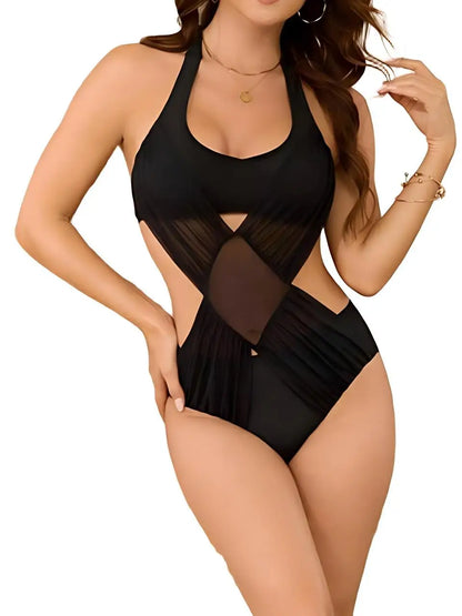 Halter Black Mesh Swimsuit Women One Piece Cross Hollow Swimwear Female Monokini Bathing Swimming Suit Padded Beachwear