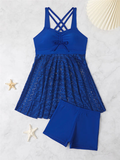 2 Pieces Front Drawstring Swimwear Women Hollow Out Swimsuit Beach Skirt Solid Tankini Female Bathers Swimming Beach Wear