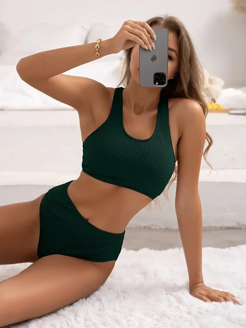 Bikini High Waist Women Swimsuit Solid Ribbed Swimwear Push Up Bikinis Set Summer Beachwear Bathing Suit Female