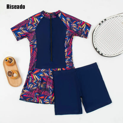 Women's 2 Piece Rash Guard Short Sleeve UPF 50+ Swim Shirt Built in Bra Bathing Suit with Boy shorts Bottoms Swim dress