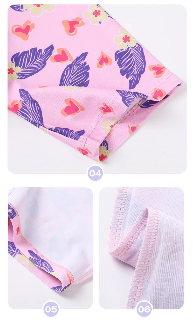 Leaf Print One Piece Girls Swimwear Kids Short Sleeve Swimsuit With Front Zipper Summer Children Swimming Suit Beachwear