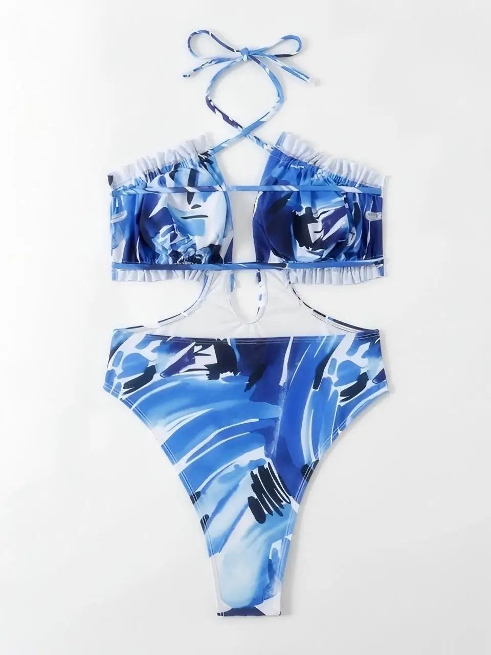 High Cut Out Swimsuit Women One Piece Halter Ruffle Swimwear Female Monokini Bathing Swimming Suit Padded Beachwear