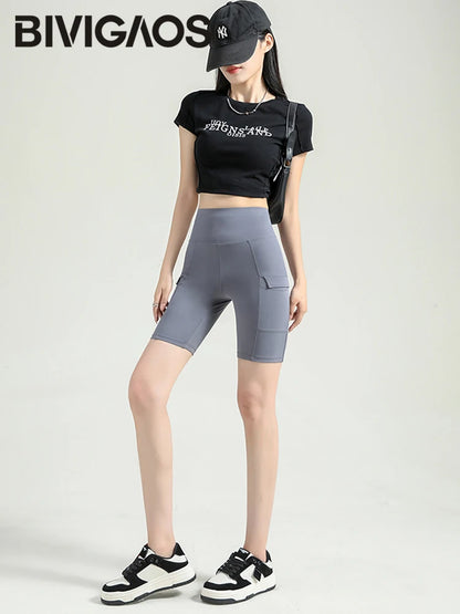 BIVIGAOS Summer New Cargo Pocket Shark Shorts Women's Sport Fitness Cycling Shorts High Waist Running Tight Biker Short Leggings