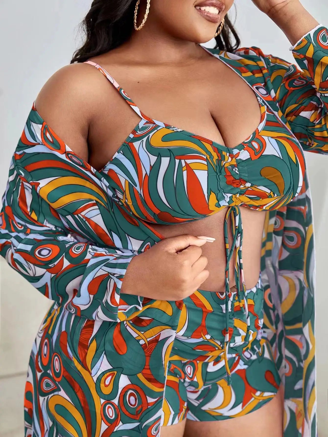3 Pieces Large Size Bikini Printed Swimsuit Women & Kimono Drawstring Front Swimwear Female Bathing Swimming Suit Beachwear