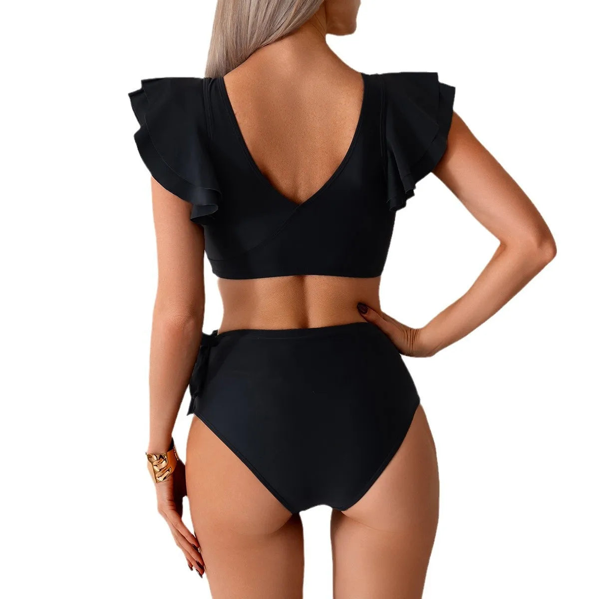 2Pcs/Set Women Bikini Set Lady Girls V-neck Ruffle Sleeve Bra Beachwear Female Swimwear High Waist Bathing Suits