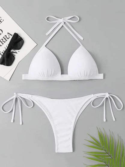 Halter Bra Cup Bikini Swimsuit Female White Swimwear Women Push up Bikini set Brazilian Bathing Suit Bandeau Swim suit