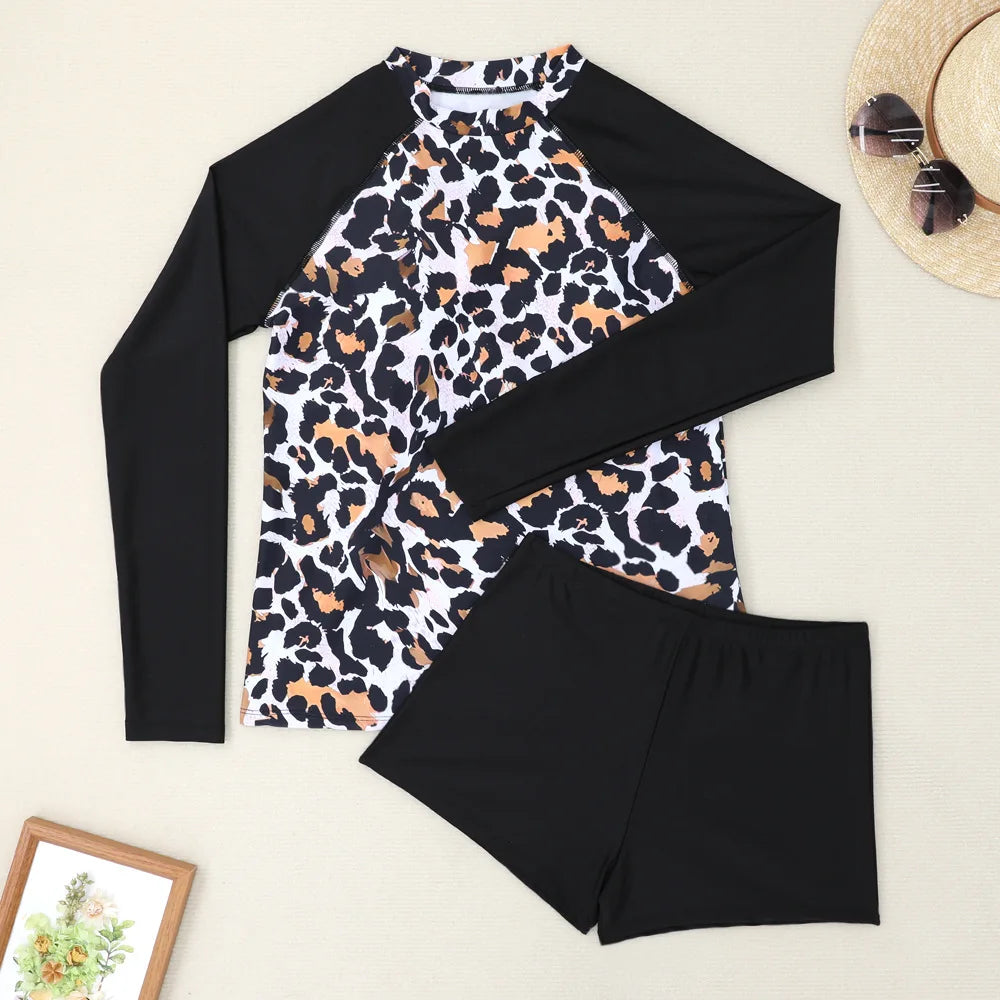 New Women Split Swimwear Long Sleeve Printed Bikini Sexy Surf Sports Swim Suit