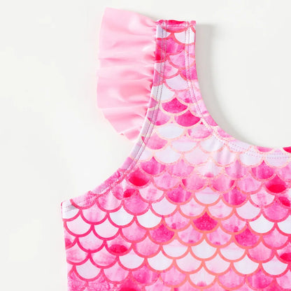 Girls One Piece Swimsuit with Beach Skirt pink mermaid Print Girls Summer Swimwear Kids Bathing Suits
