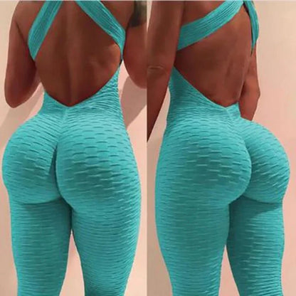 Open-Back Cross-Body Fitness Suit Peach-Shape Sports Bra and Leggings Jumpsuit Women's Tight Sweatshirt for Yoga and Fitness