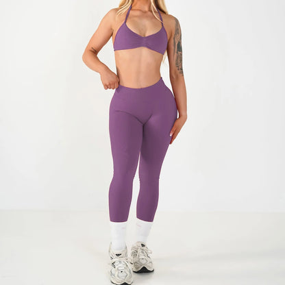 2PCS Seamless Yoga Set Women Workout Scrunch Leggings Strappy Sports Bra Fitness Gym Clothing Workout Set XP389