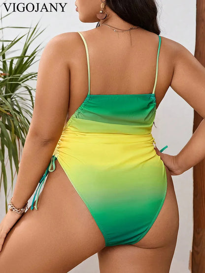 Gradient Strapped Plus Size Swimwear Women High Cut Push Up One Piece Swimsuit Backless Summer Big Bathing Suit