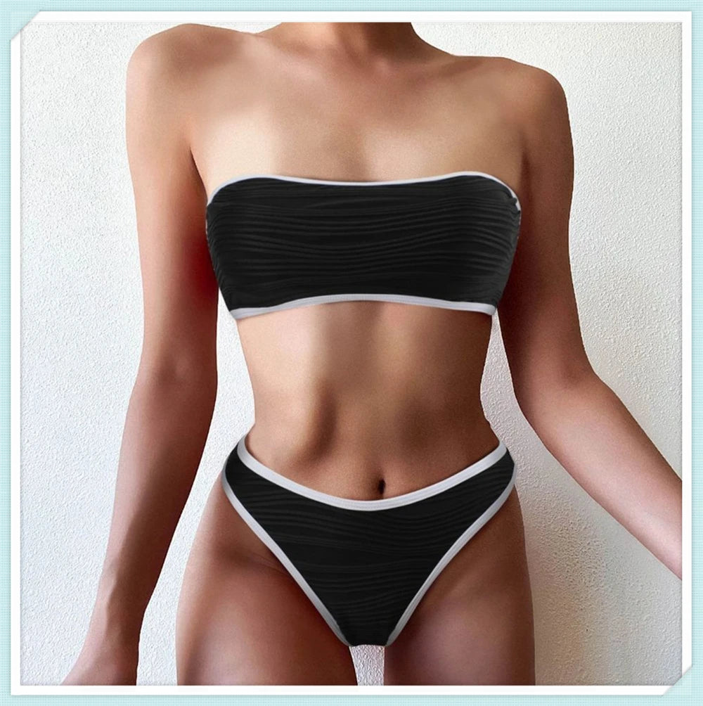 Bandeau High Waist Bikini Women Triangle Swimsuit Stitch Detail Swimwear Padded Bathing Suit Female Solid Beachwear