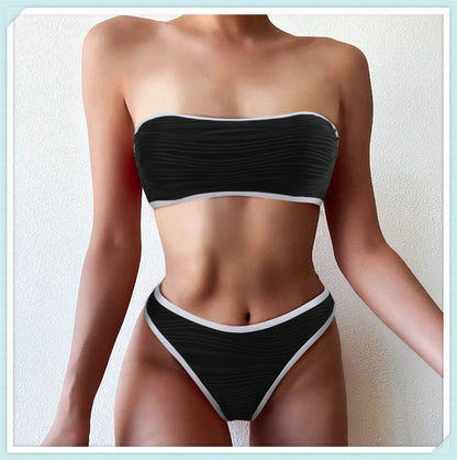 Bandeau High Waist Bikini Women Triangle Swimsuit Stitch Detail Swimwear Padded Bathing Suit Female Solid Beachwear