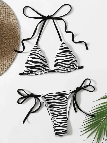 zebra striped micro bikini women halter push up bra triangle swimsuit Brazilian summer bathing suit swimwear swimming suit