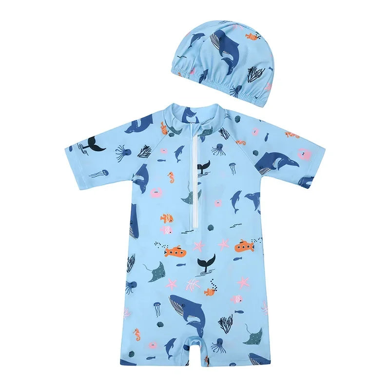 Baby Boys Girls 2pcs Summer Beach Swimwear Print Cartoon Cap+Bodysuit Infant Suit Outfit Bathing Swimsuit