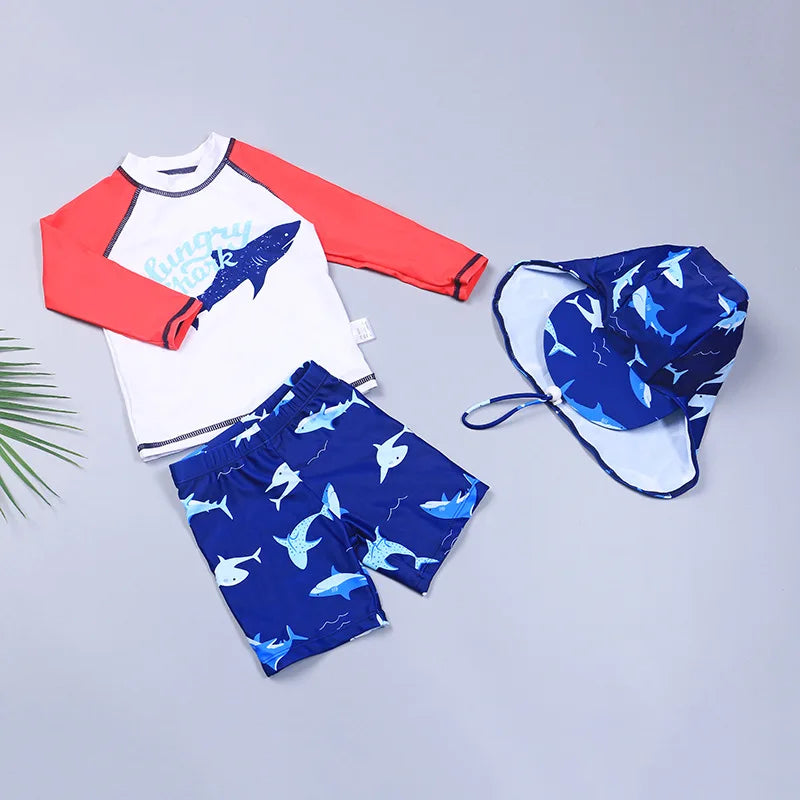 3 pcs Children Swimsuit Set Boys Quick-drying Long Short Sleeve Shark Pattern Drawstring Swimming Trunks Hat Split Bathing Suit