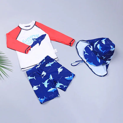 3 pcs Children Swimsuit Set Boys Quick-drying Long Short Sleeve Shark Pattern Drawstring Swimming Trunks Hat Split Bathing Suit