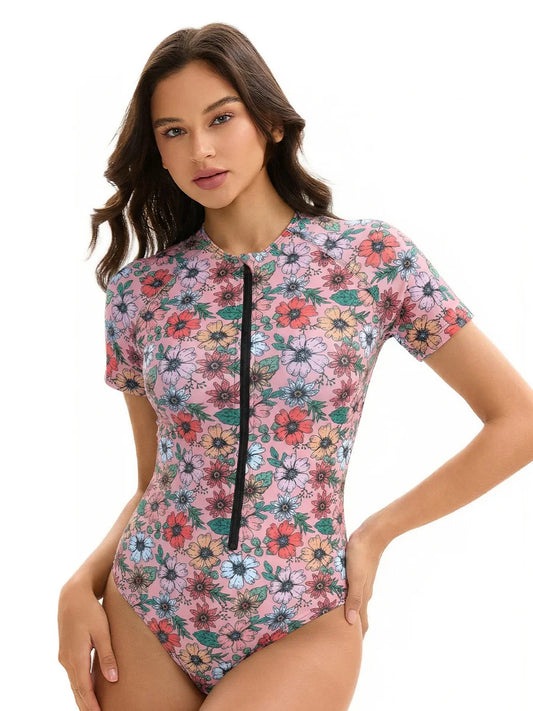 Short Sleeve Rash Guard One Piece Swimsuits for Women, Conservative Printed Short Sleeve Bathing Suits, Triangle Swim