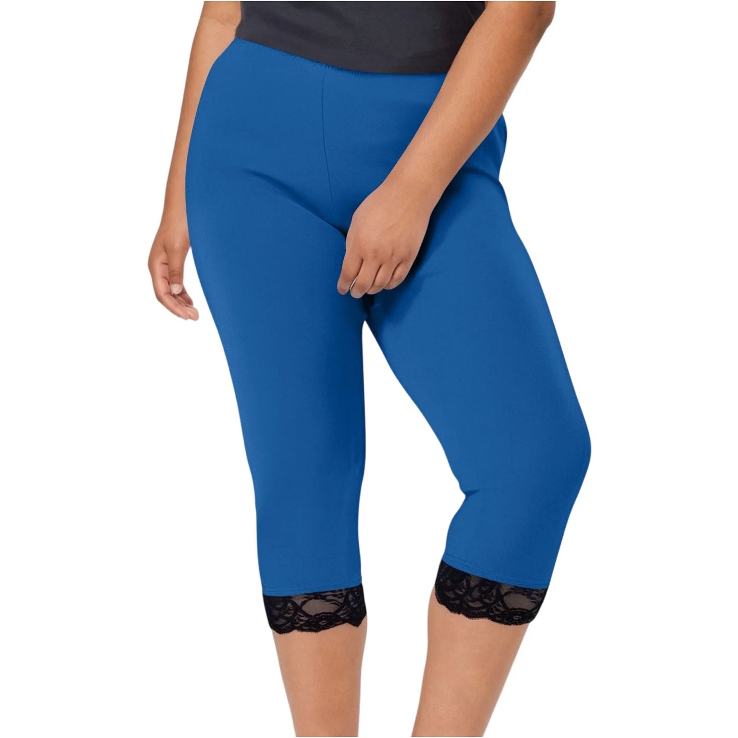 Plus size yoga pants women's fashion large solid color lace splicing bottom pants with elastic waist sports cropped pants