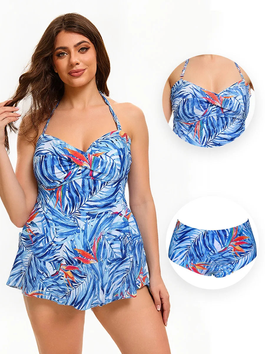 Women's Plus Size Tropical Print Skirted Two-Piece Swimsuit - Halter Top & Boyleg Bottom, Flattering Beach Swimwear for Vacation