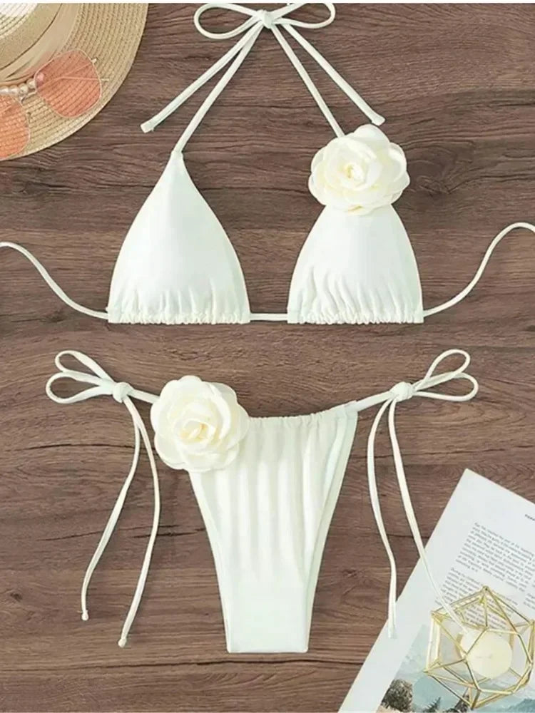 Flower Bandeau Swimwear Thong Bikini Women Lace-up Swimsuits Swimming Bathing Suit Brazilian Bikinis Set Mujer Biquini