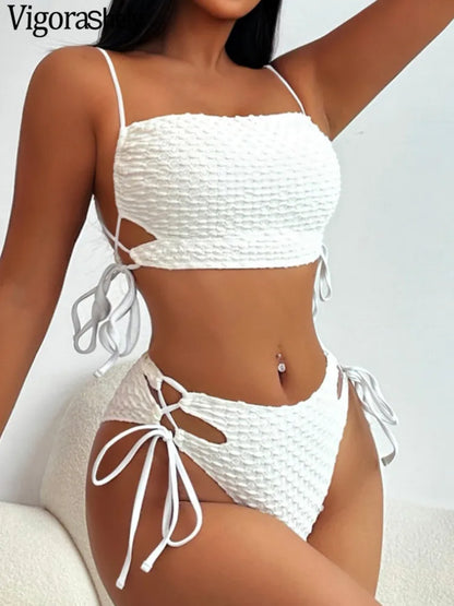 Solid Strapped Bikini Push UP Swimsuit Women High Waist Hollow Swimwear Backless Beach Summer Bathing Suit
