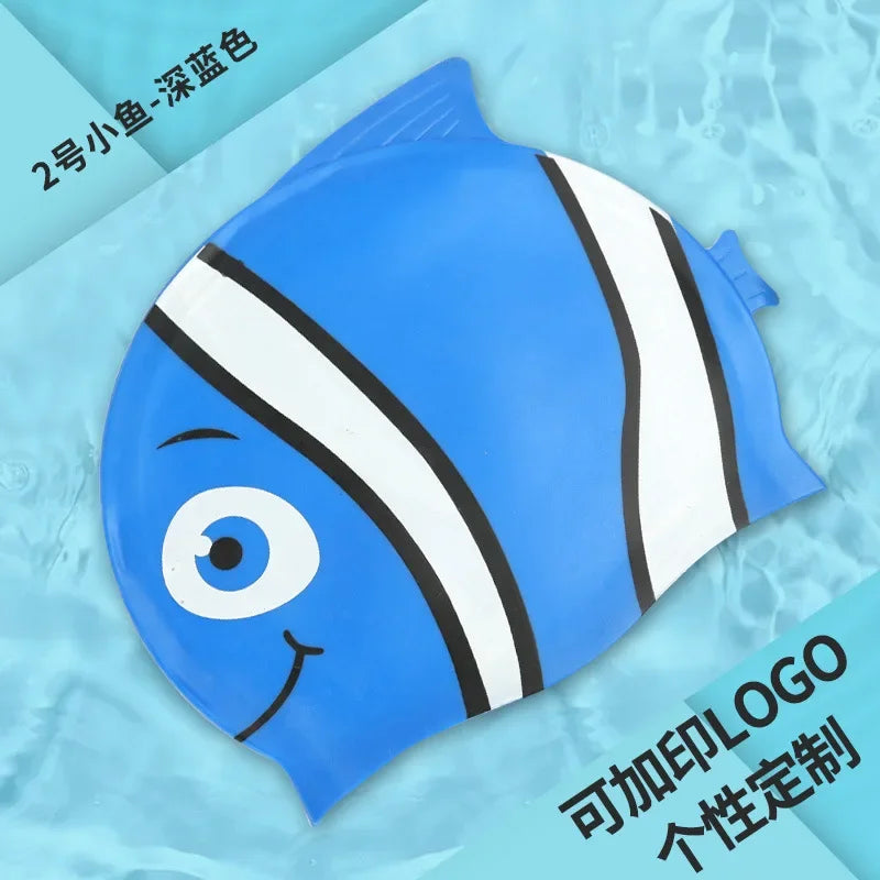 Children's Swimming Caps Waterproof Cartoon Swimming Cap for Boys and Girls Universal Cartoon Fish Shaped Soft Silicone Swim Cap