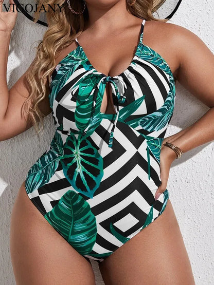Print Strapped Plus Size Swimwear Women Push UP Hollow Large One Piece Swimsuit Backless Bathing Suit