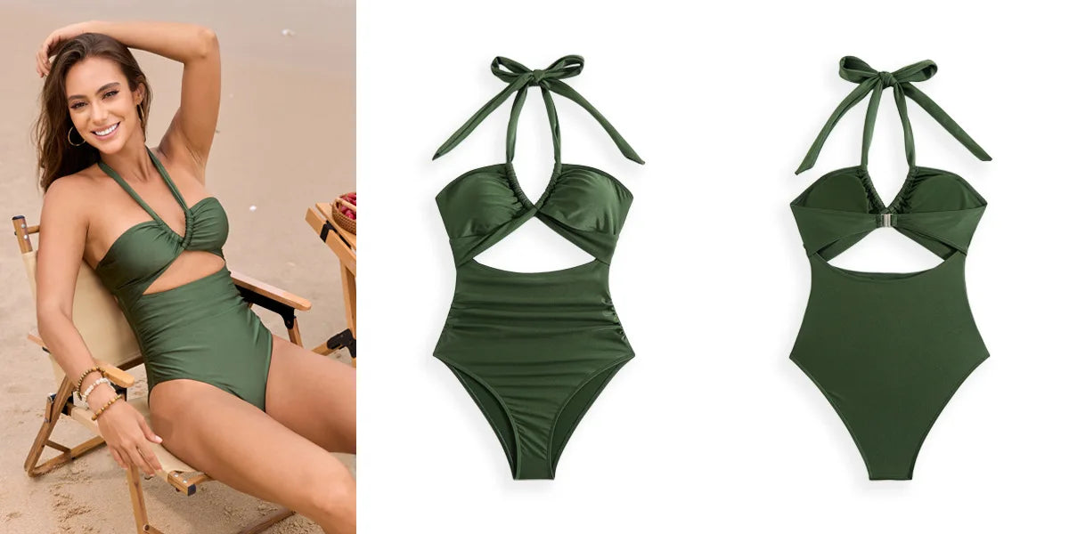 Women One-piece Bikini Female Neck Swimsuit Sling Backless Swimwear Summer Tight Cross Push Up Beach Bathing Suit