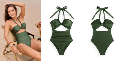 Women One-piece Bikini Female Neck Swimsuit Sling Backless Swimwear Summer Tight Cross Push Up Beach Bathing Suit
