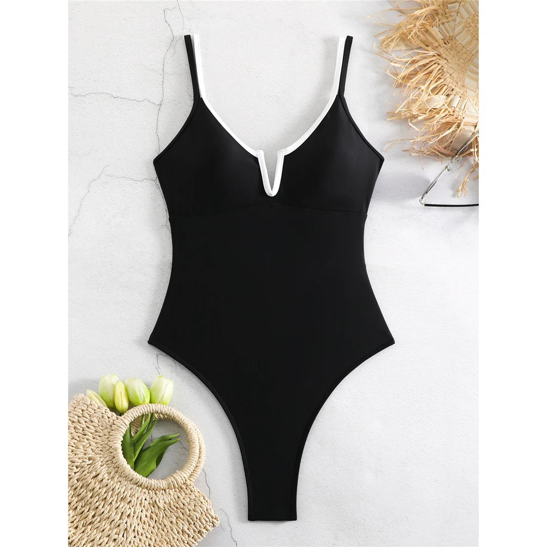 S - XL V Shaped Cut Out Backless One Piece Swimsuit Women Swimwear Female Splicing High Leg Cut Bather Bathing Suit Swim