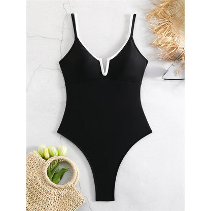 S - XL V Shaped Cut Out Backless One Piece Swimsuit Women Swimwear Female Splicing High Leg Cut Bather Bathing Suit Swim