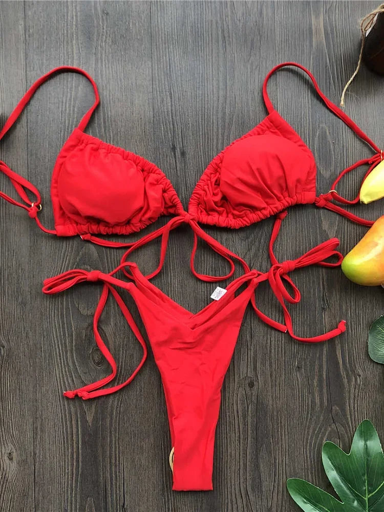 Ruffle Frilled Micro Thong Bikini Women Swimwear Female Swimsuit Two-pieces Bikini set String Bather Bathing Suit Swim