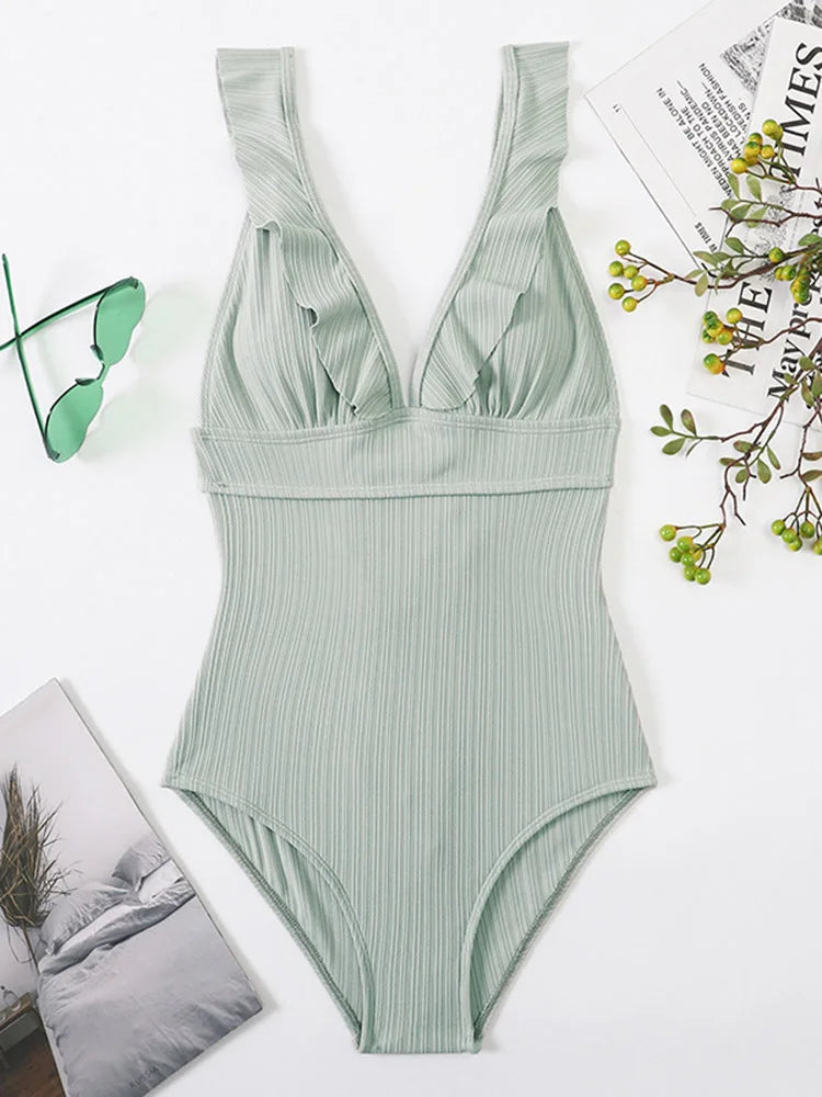 Ruffle Swimsuit One Piece Solid V-neck Backless Swimwear Women Bathing Swimming Swim Suit Female Padded Beach Wear Summer