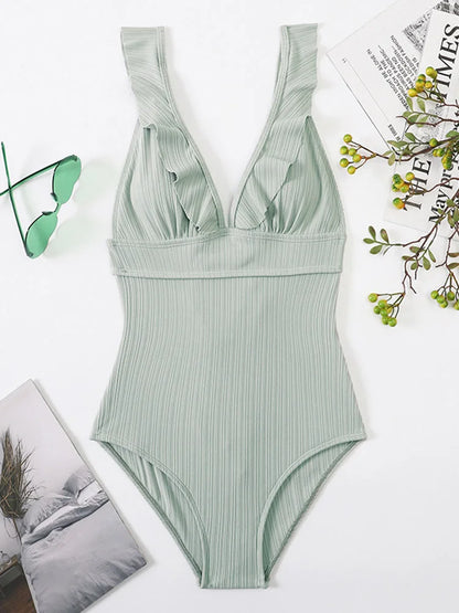 Ruffle Swimsuit One Piece Solid V-neck Backless Swimwear Women Bathing Swimming Swim Suit Female Padded Beach Wear Summer