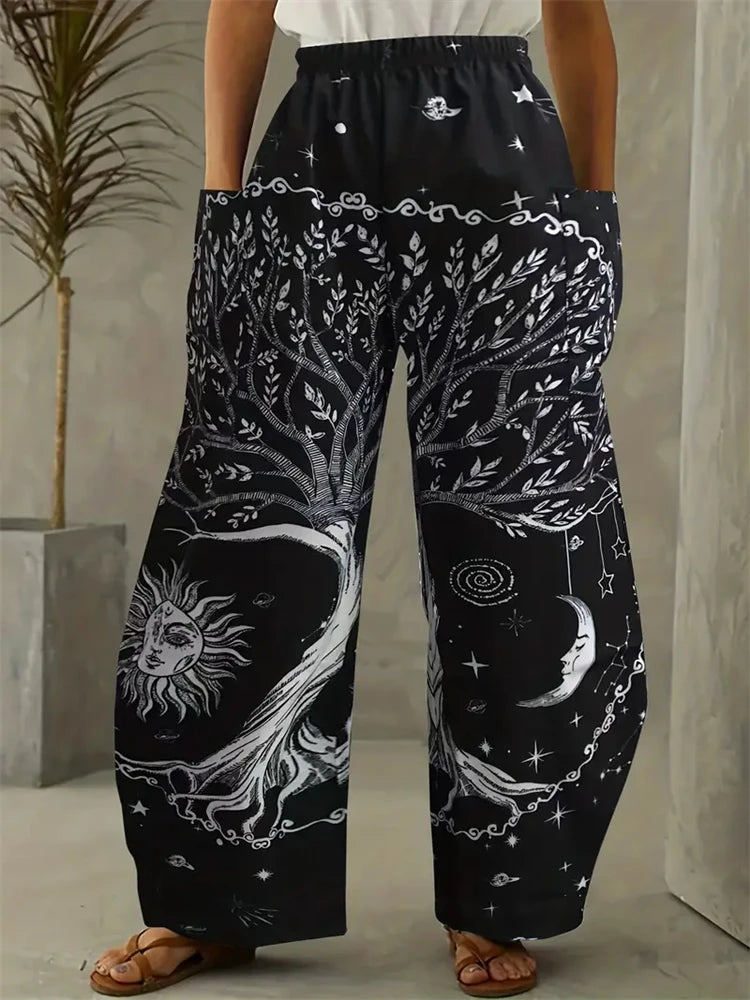 Simple Star And Moon Abstract Sun Print Pants Fashionable European And American Ladies Wide-leg Pants Delicate And Elegant Pants