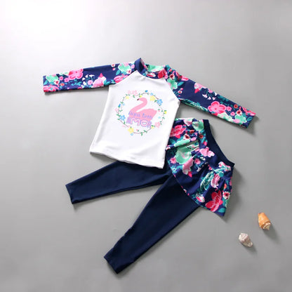 Girls' Long Sleeve Swimming Suit Skirt Style Quick Dry Thermal Sunscreen Swimwear Casual Surf Suit Children's Two Piece Swimsuit