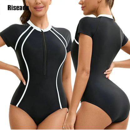 One Piece Swimsuit Mock Neck Zipper Short Sleeve Bathing Suit for Athletic beach clothes for lady